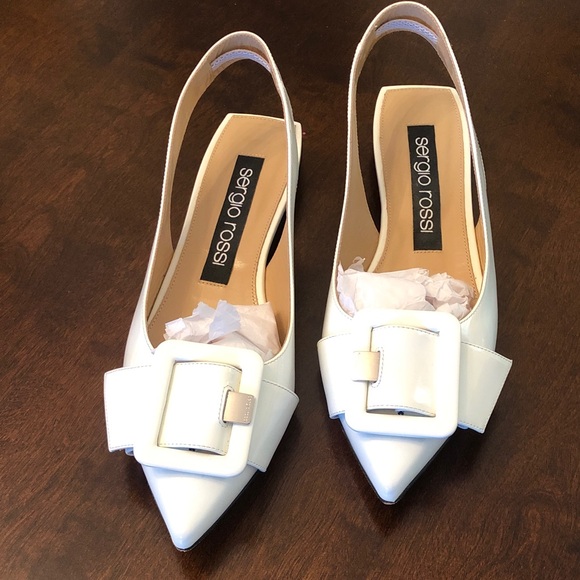 Sergio Rossi Shoes - Sergio Rossi White Pointed Slingback Flats with Buckle